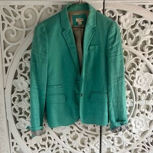 J.Crew Linen Blazer Teal Turquoise Size 2 Tailored Spring Summer Jacket